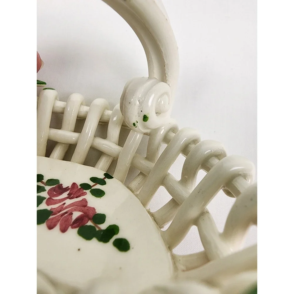 VINTAGE Italian Hand Painted‎ Roses/Floral Porcelain Lattice Basket with Handle